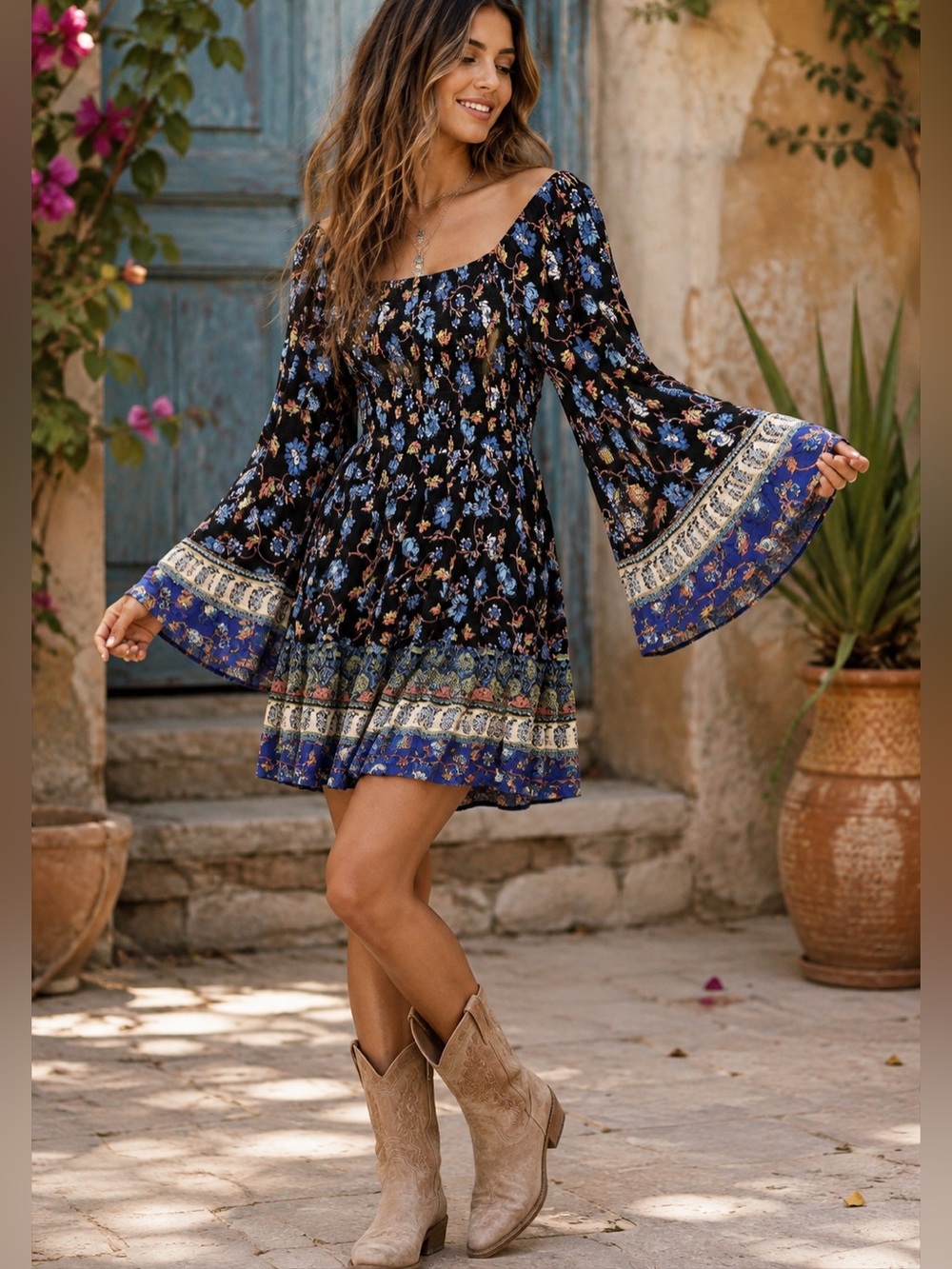 Angie | Boho Floral Mini Dress Bell Sleeve Paisley Border - Smocked Bodice